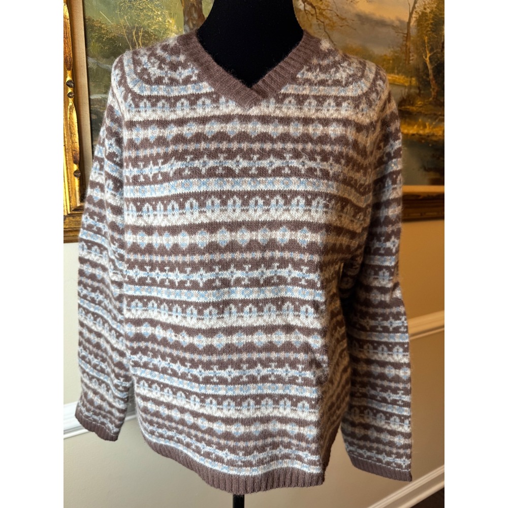 Vintage J.CREW Fair Isle V-Neck Sweater Brown Blue Lambswool Angora Y2K Gorpcore